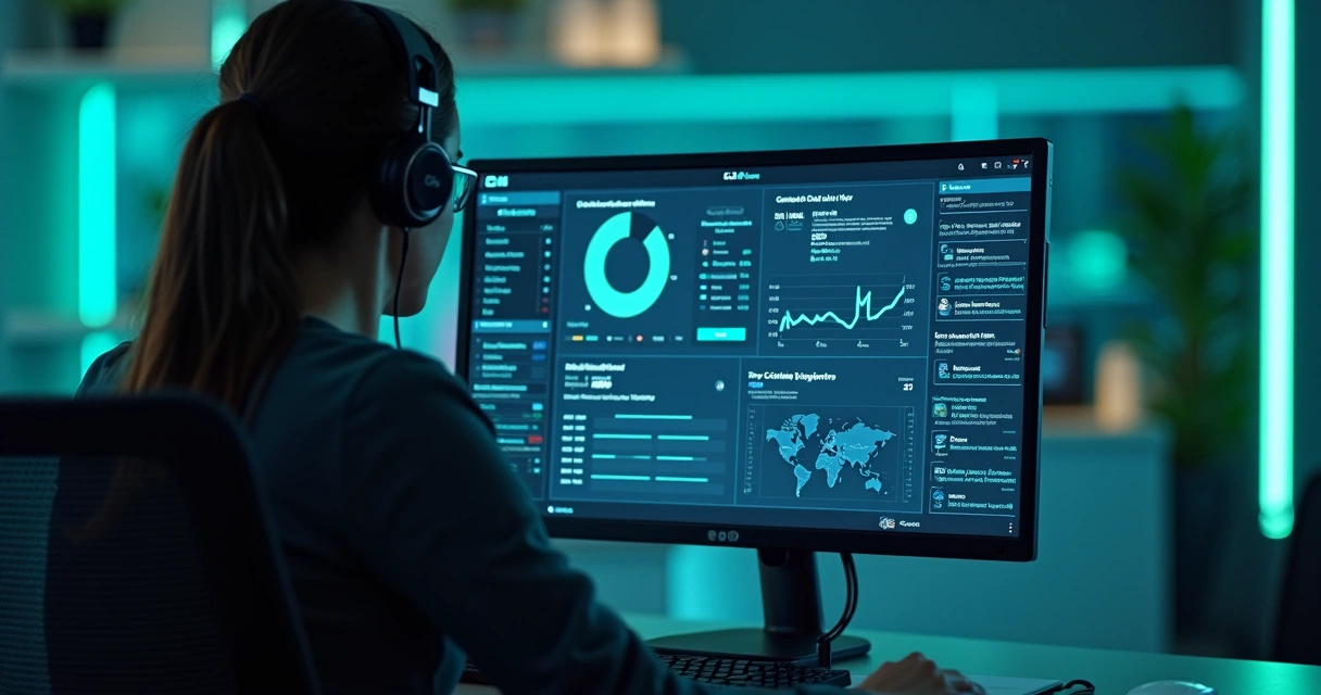Sistema de eCRM sugerindo ações de contato para atendente humano com gráficos digitais e ícones de IA 