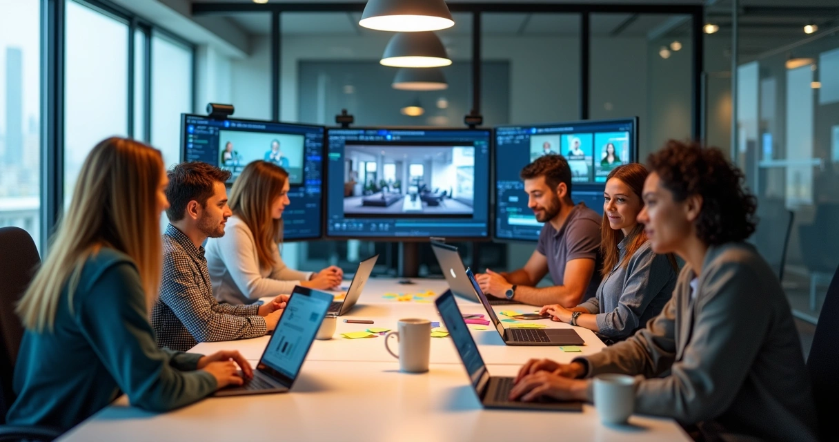 Equipe reunida em uma mesa editando vídeos com IA na tela de computadores 