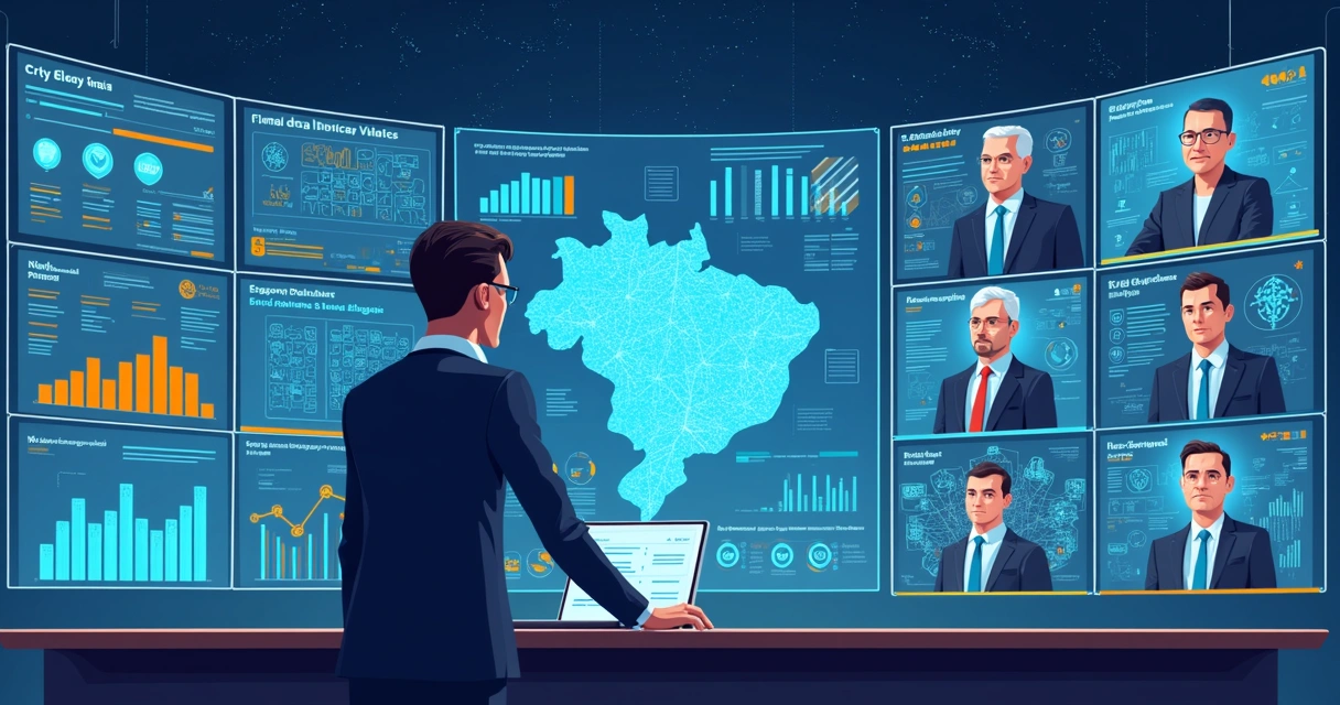 Pessoa analisando dados eleitorais em telas digitais com elementos de inteligência artificial 