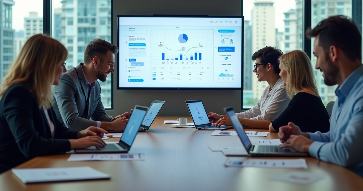 Equipe de imobiliária em reunião analisando requisitos para adoção de IA 