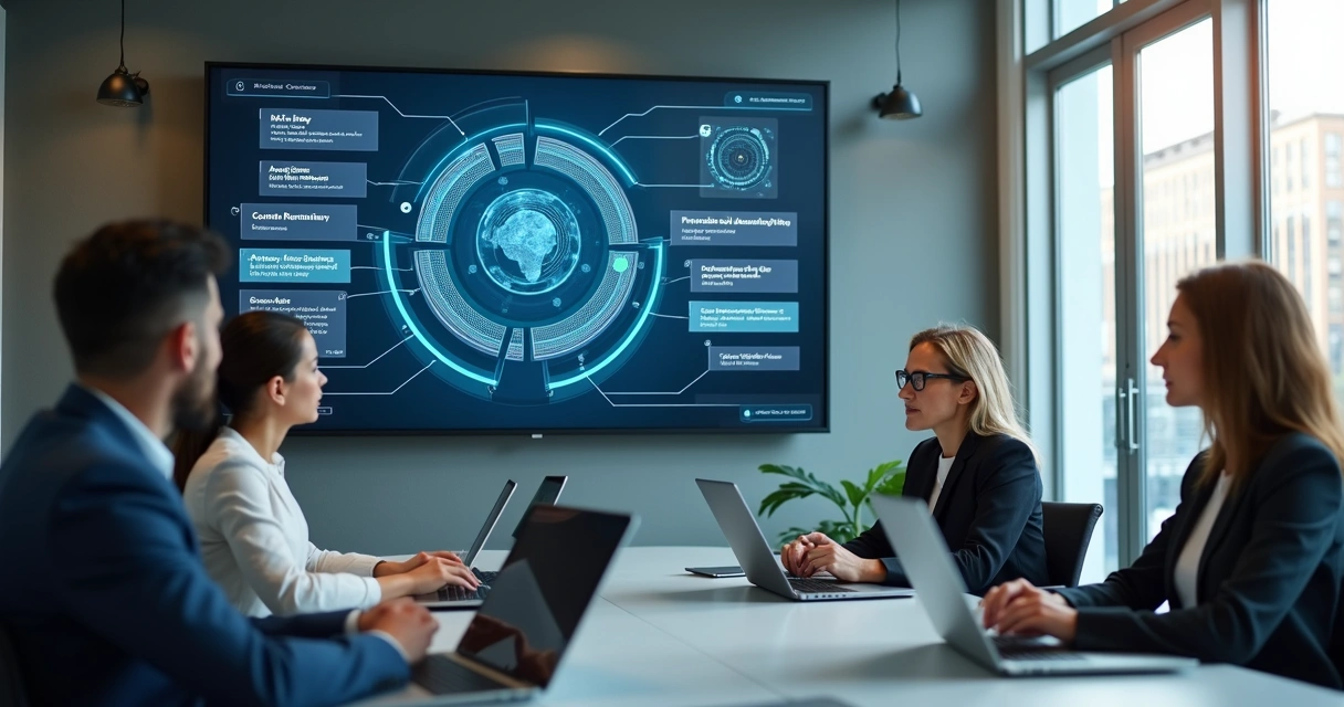 IA organizando reunião eficiente em sala de trabalho 