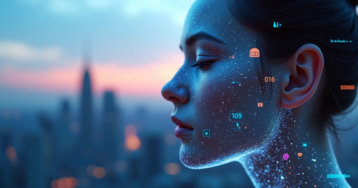 Rostro humano digital rodeado de íconos de emociones y datos luminosos 
