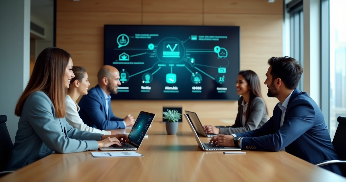 Equipe de marketing analisando painel com várias soluções de IA para empresas 