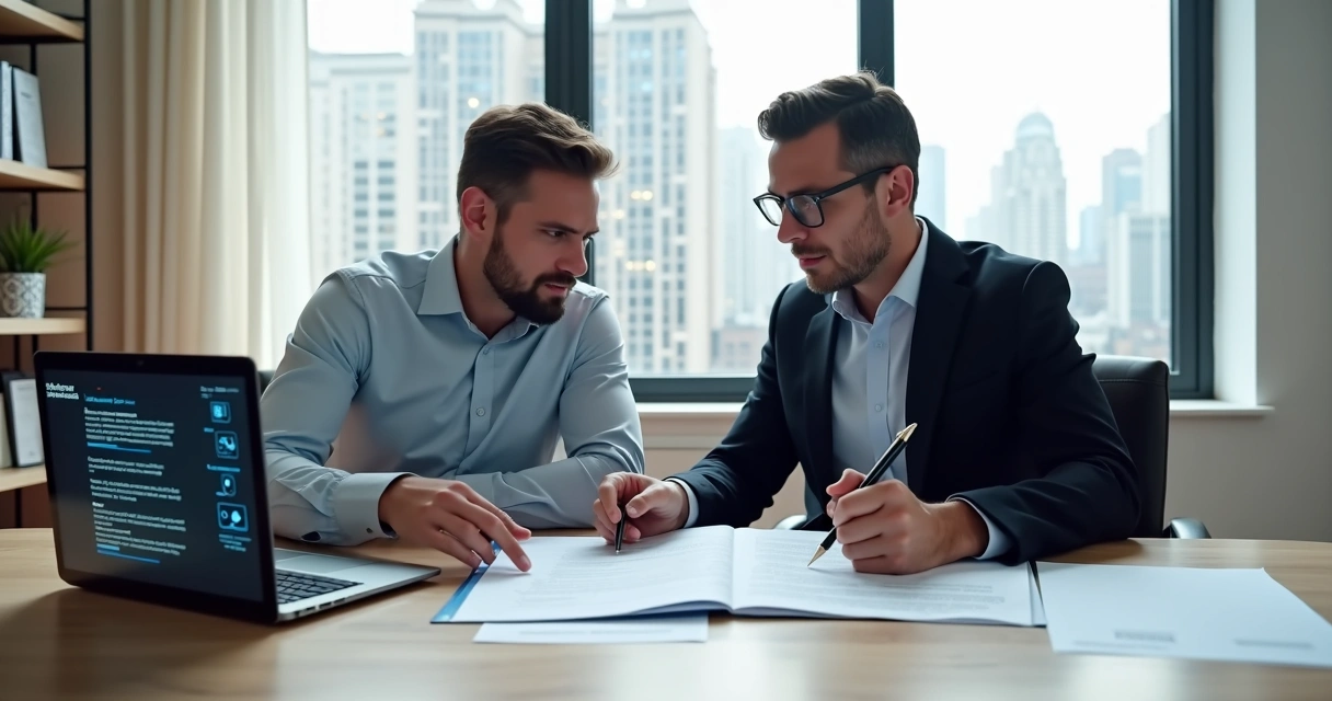 Pequena empresária e advogado usando IA em processo judicial 