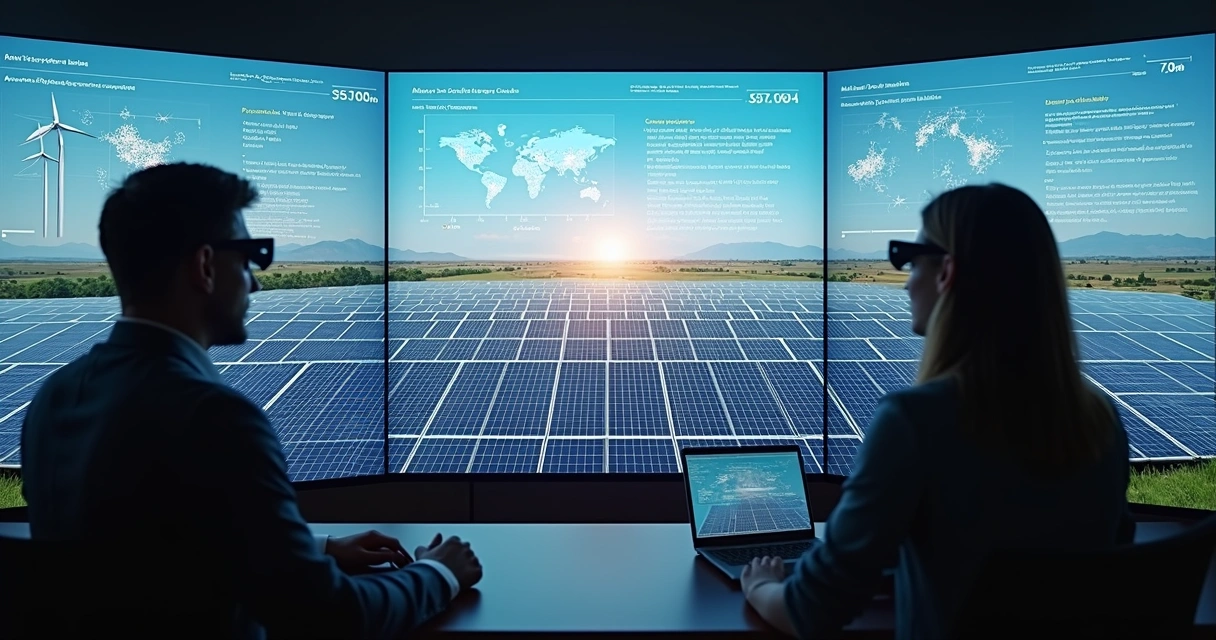Centro de controle de usina solar com IA analisando dados.