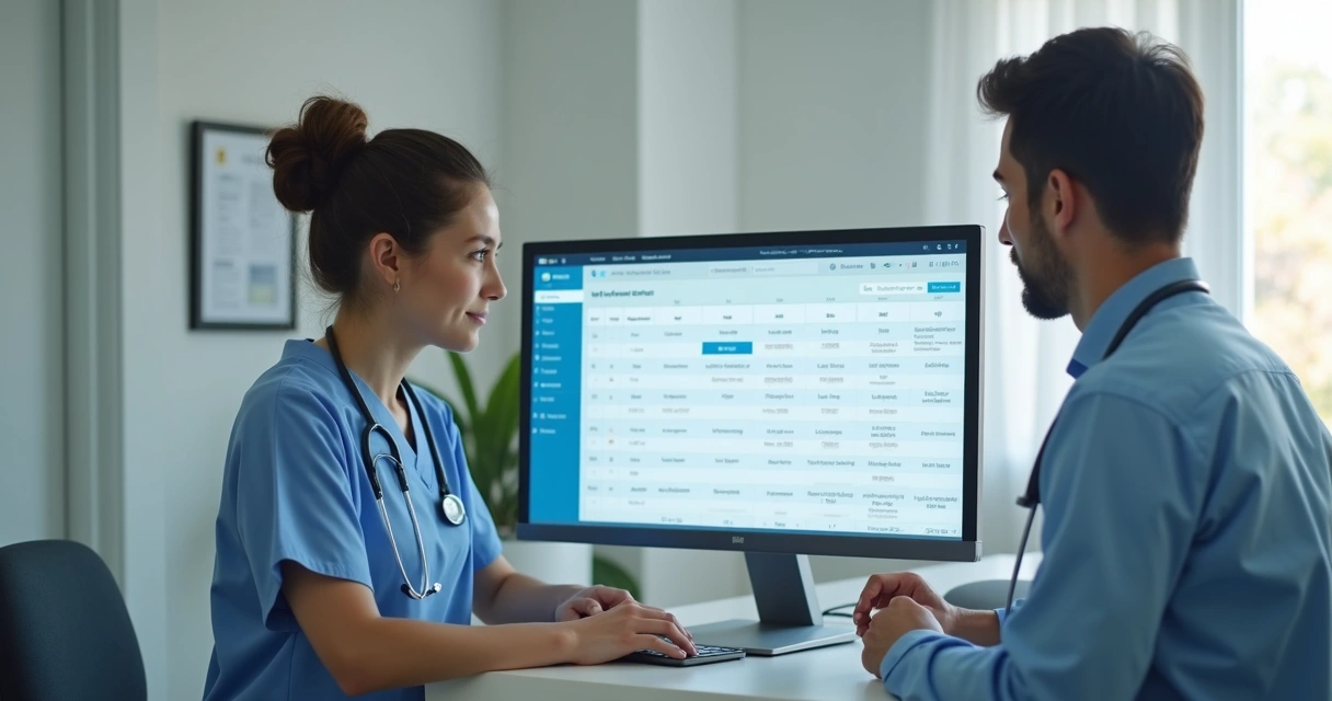 Secretária de clínica usando computador ao lado de médico, ambos analisando o painel de IA da gestão de agenda. 