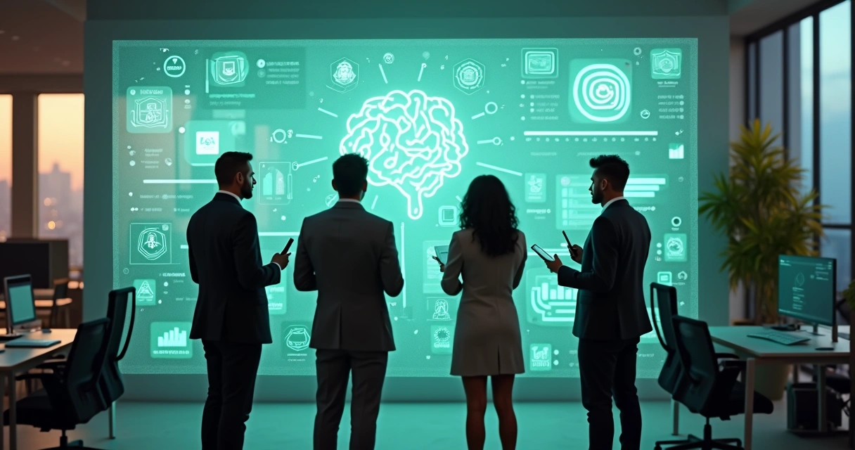 Equipe comercial em pé diante de painel transparente com dados de conversas do WhatsApp 