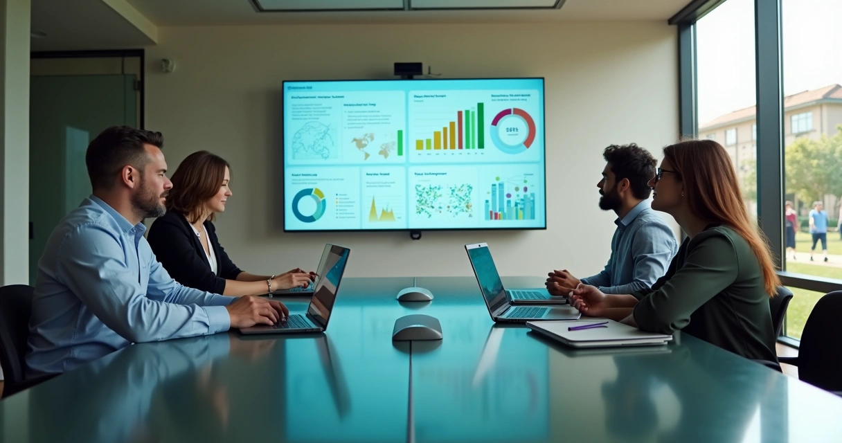 Gestores escolares analisando painel digital com dados de captação e retenção de alunos 