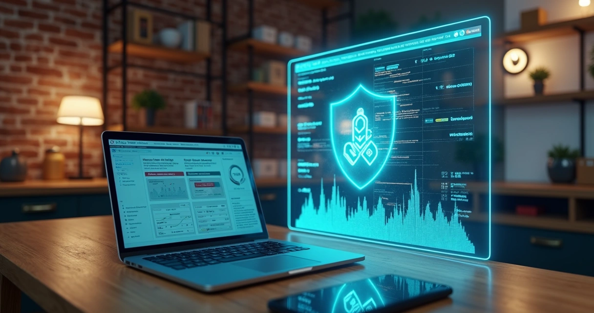 Painel de IA mostrando padrões de fraude ao lado de pequena loja digital 