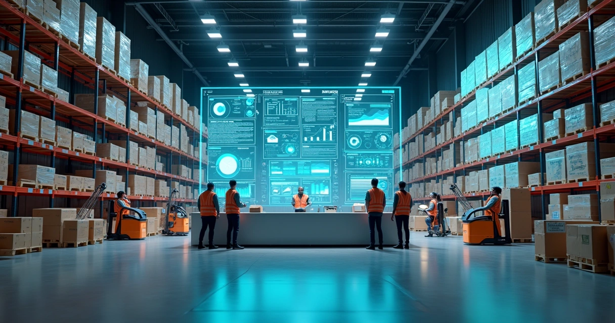Armazém de varejo com painel digital de IA integrando estoque e catálogo de produtos 