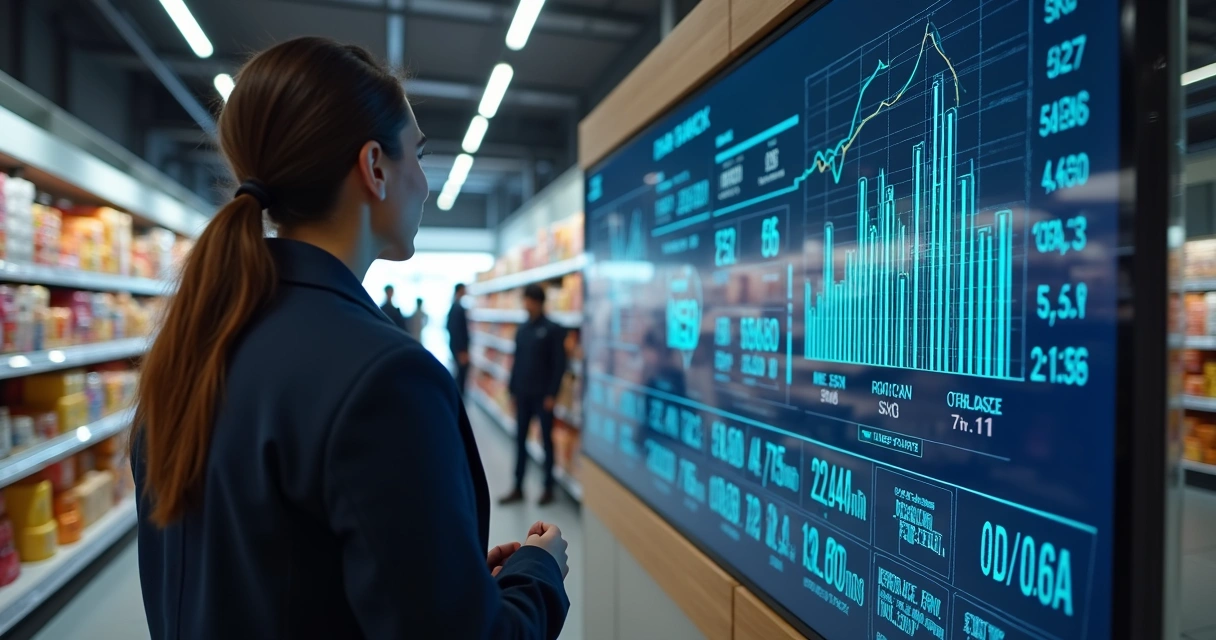 Painel digital exibindo gráficos de estoque em loja de varejo 