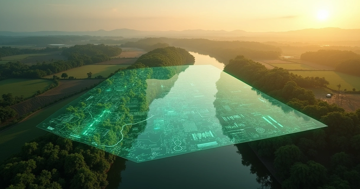 Paisagem de floresta cortada por estrada com camada digital transparente mostrando dados ambientais 