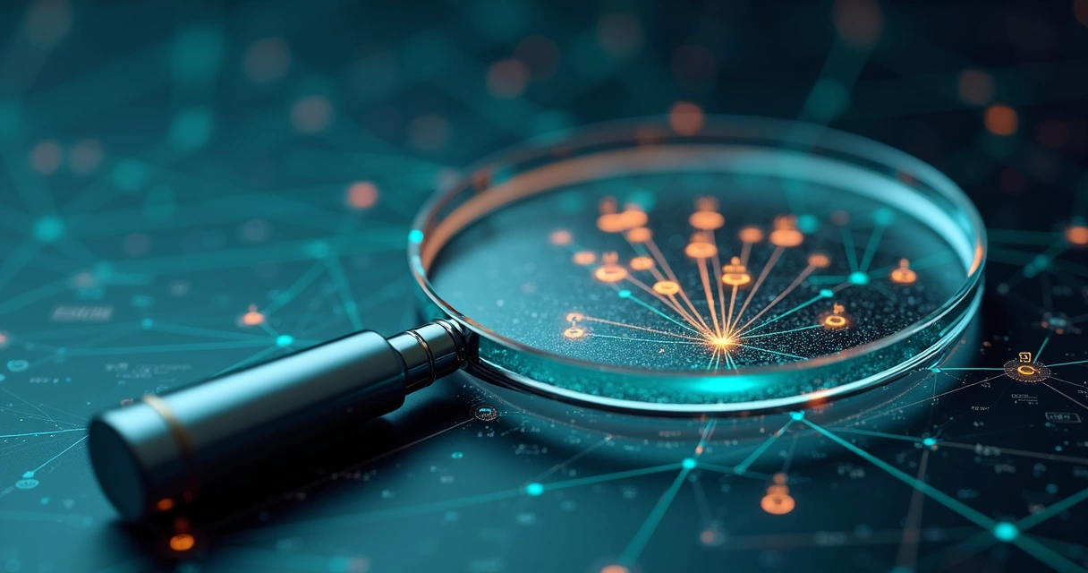 Lupa iluminada destacando caminho de decisão de inteligência artificial em painel de dados 