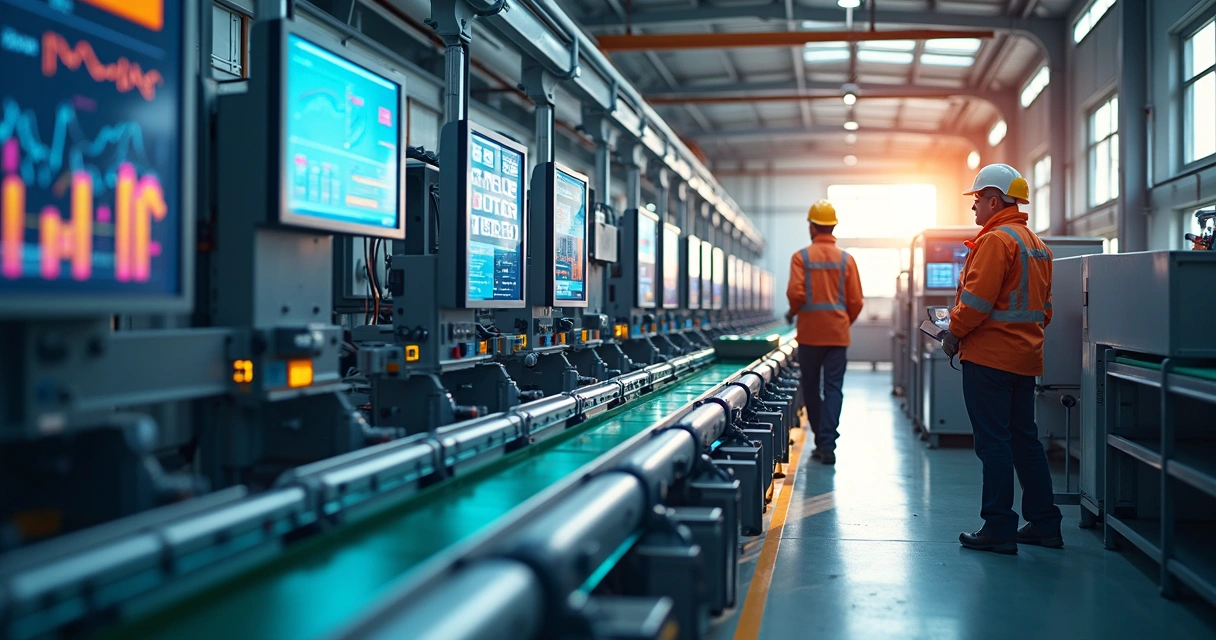 Linha de produção industrial monitorada por IA com painéis digitais 