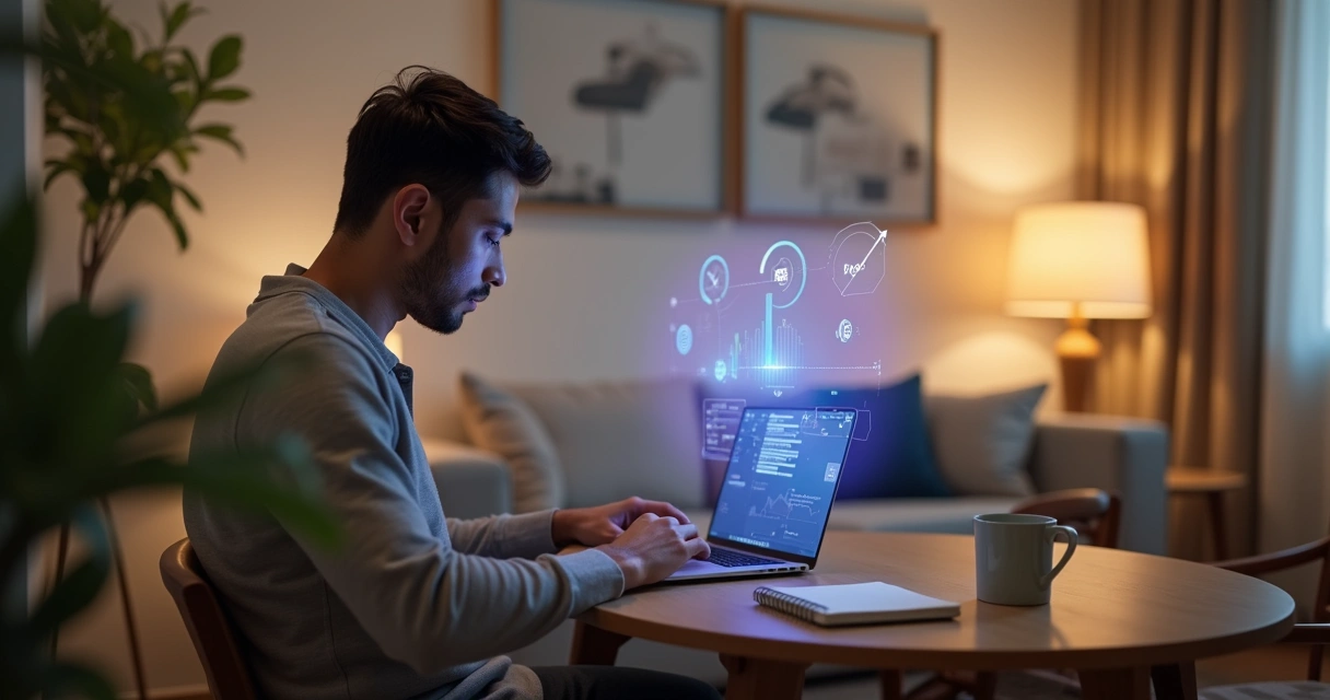 Pessoa adulta em casa interagindo com assistente virtual de finanças no ar 