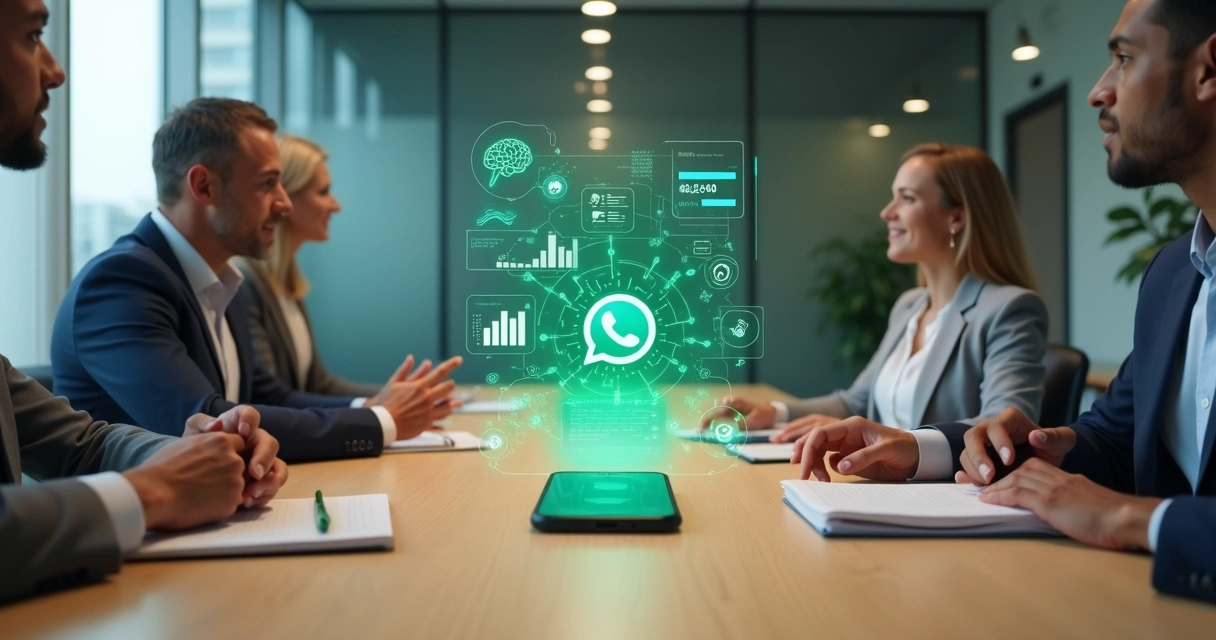 Mesa de reunião com projeção digital de fluxo de caixa ligado ao WhatsApp no centro 