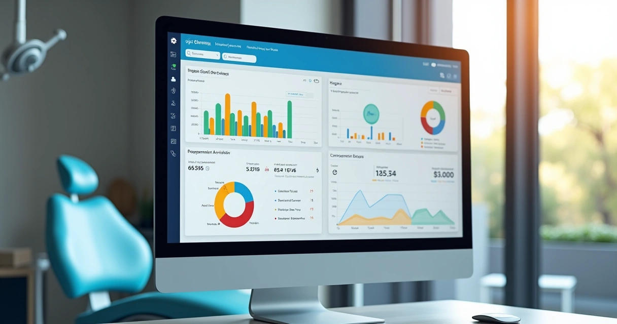 Tela de sistema financeiro odontológico com gráficos coloridos 