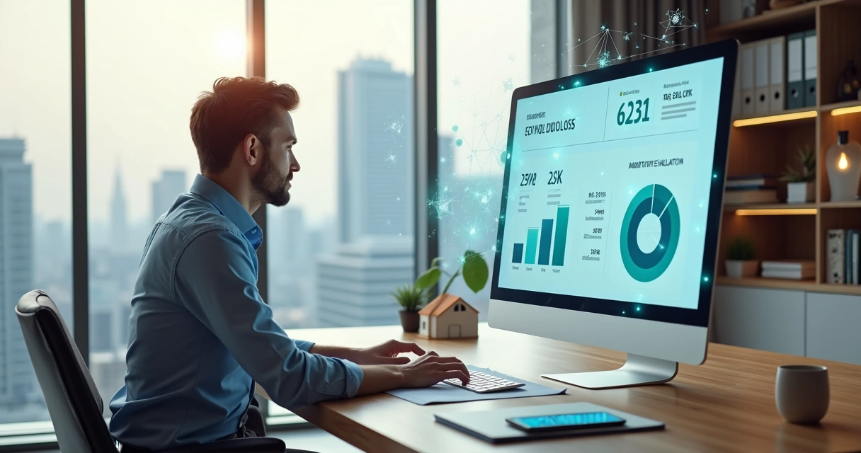 Corretor analisando simulação de financiamento imobiliário com painel de IA na tela 