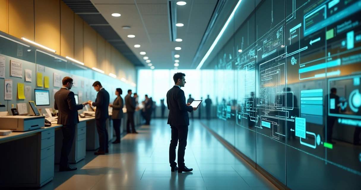 Corredor de empresa dividido entre tarefas manuais e fluxo automatizado por IA 
