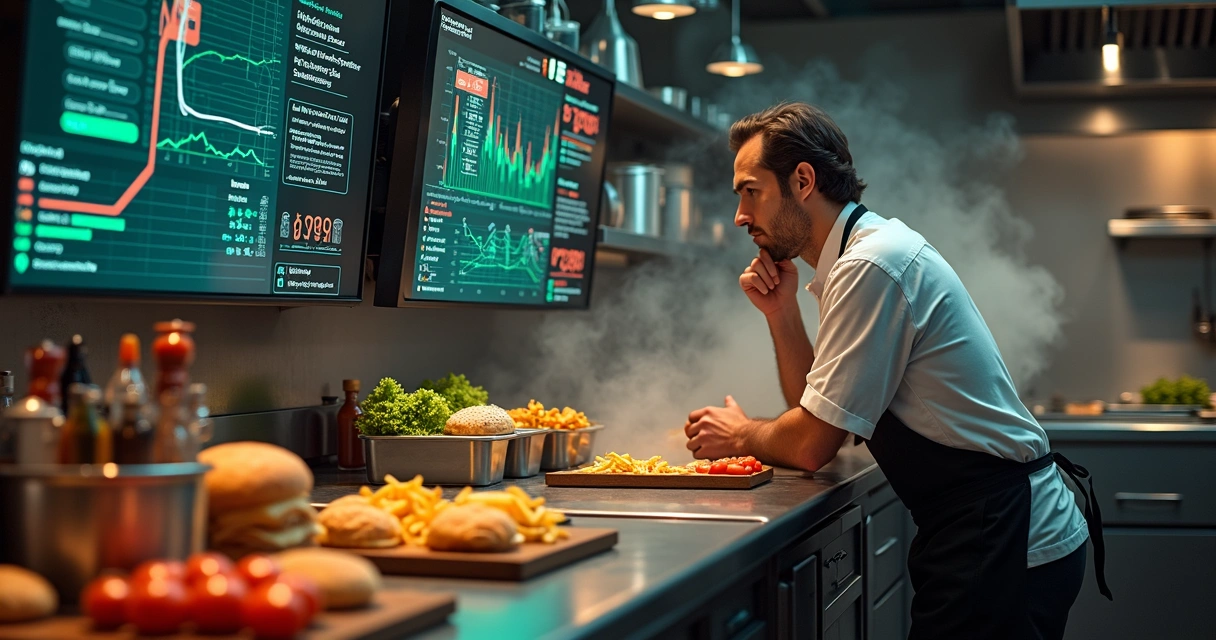 Cozinha de restaurante com telas digitais de IA exibindo gráficos de custos em vermelho 