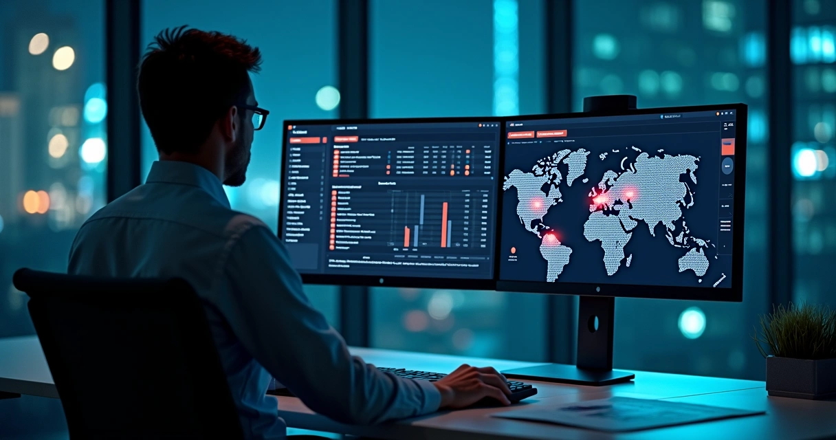 Analista imobiliário observando painel de IA com alerta de risco em locação 