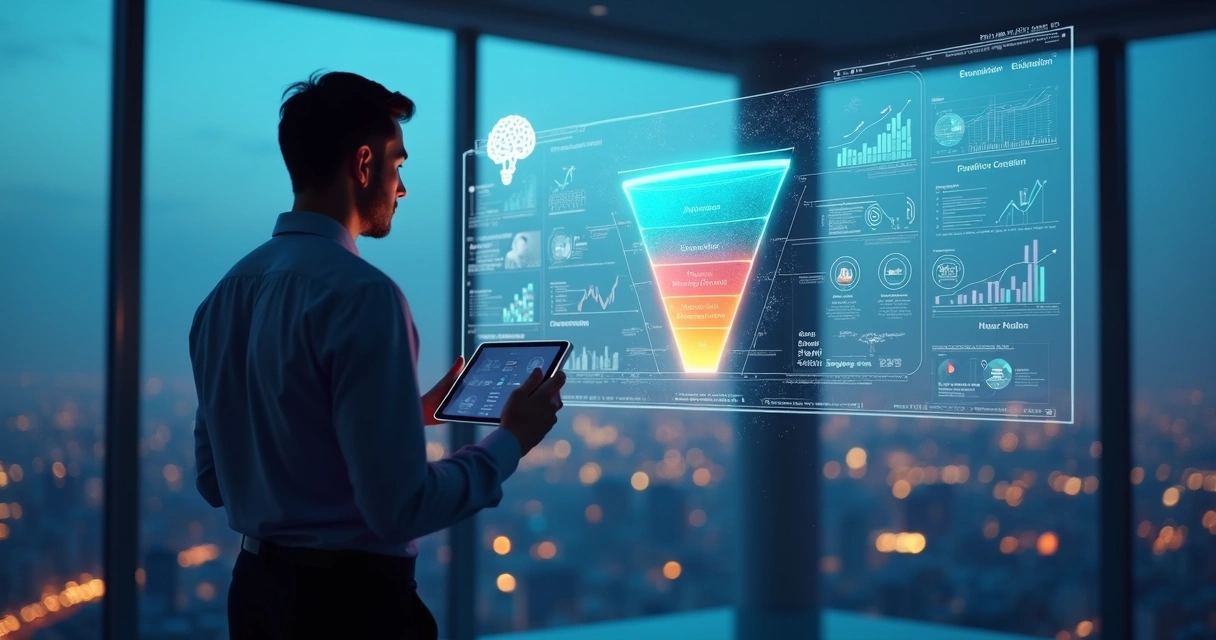 Executivo analisando funil de vendas digital com elementos de inteligência artificial 
