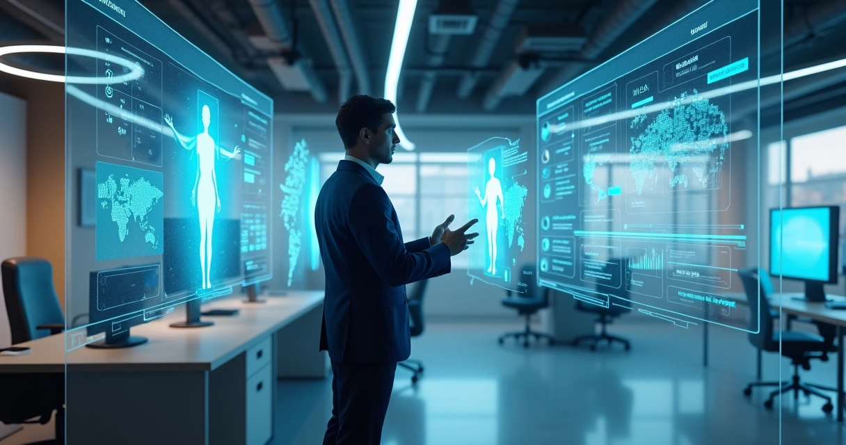 Sala futurista de franquia com operador interagindo com holograma de IA 