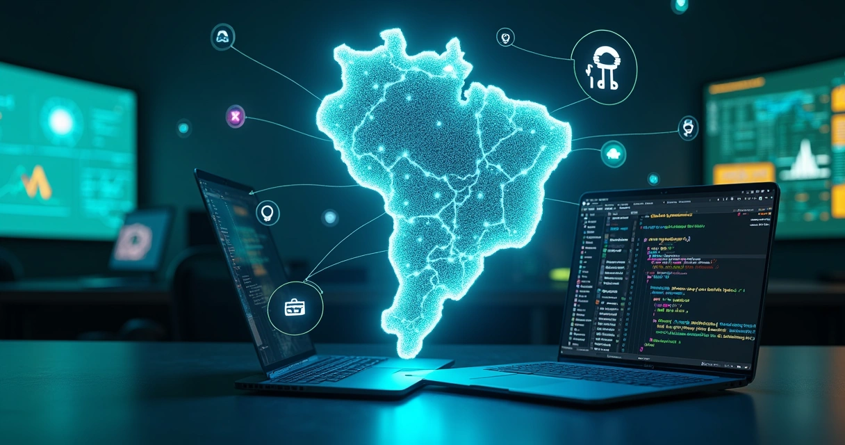 Mapa do Brasil com ícones de tecnologia e inteligência artificial conectados 