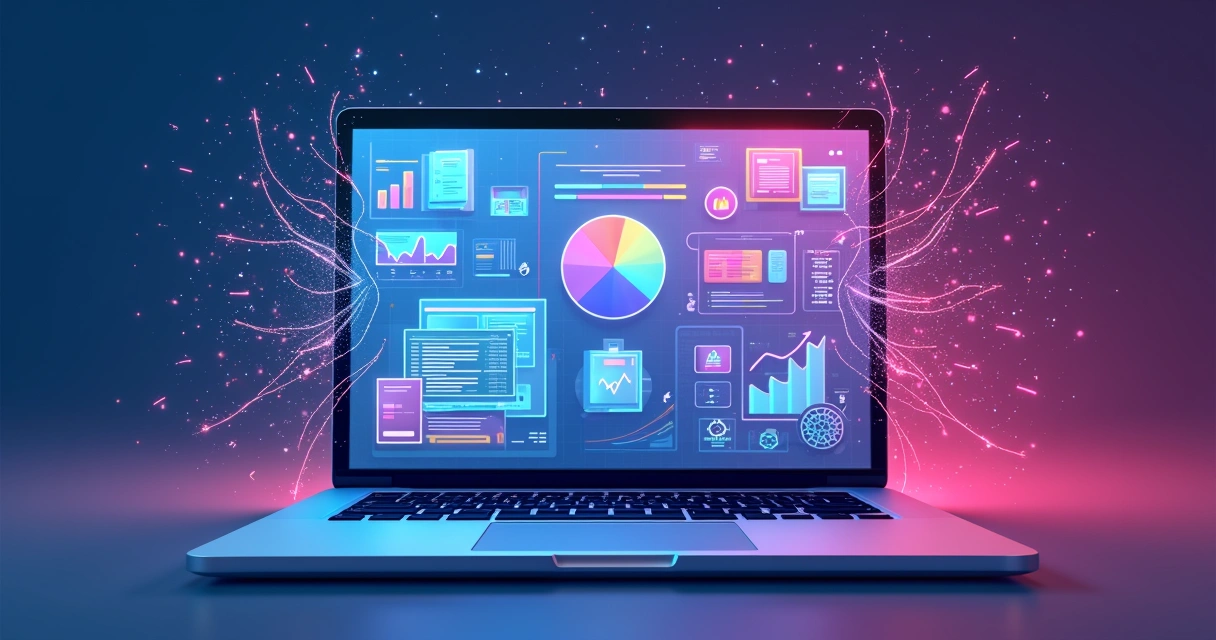 Laptop exibindo gráficos, texto e imagens criados automaticamente com partículas coloridas ao redor 