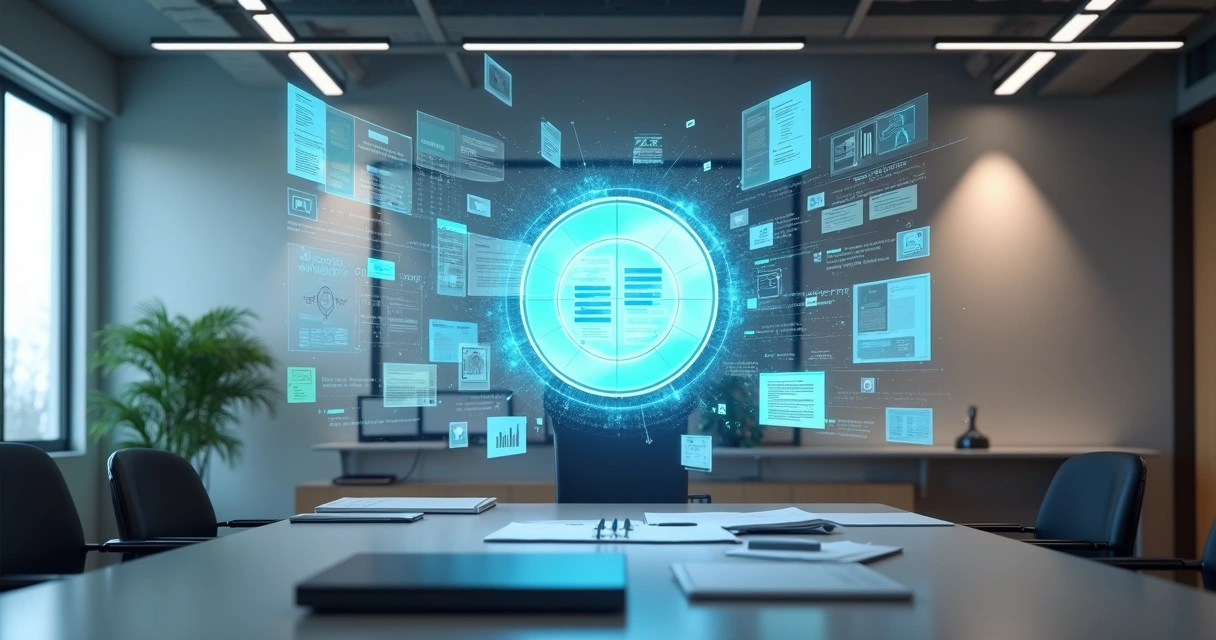 IA generativa produzindo relatórios e apresentações em escritório 