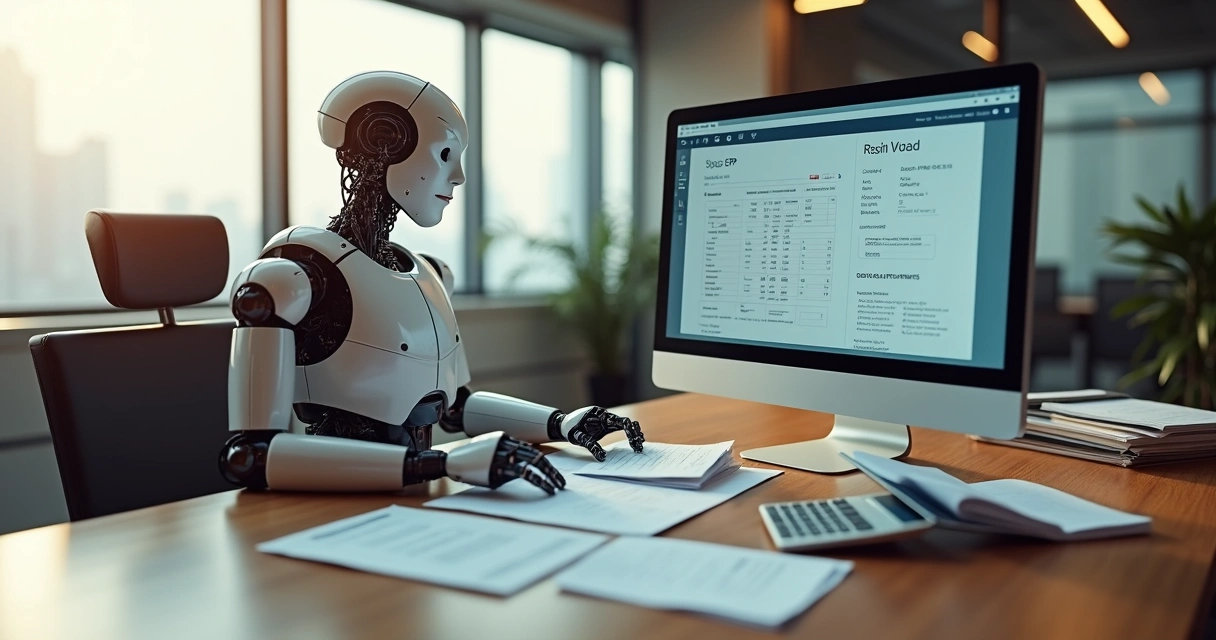 Robô digital analisando notas fiscais e lançando dados em ERP. 