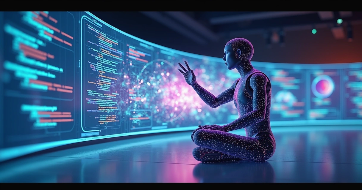 Robô digital criando gráficos e textos coloridos numa tela ampla 