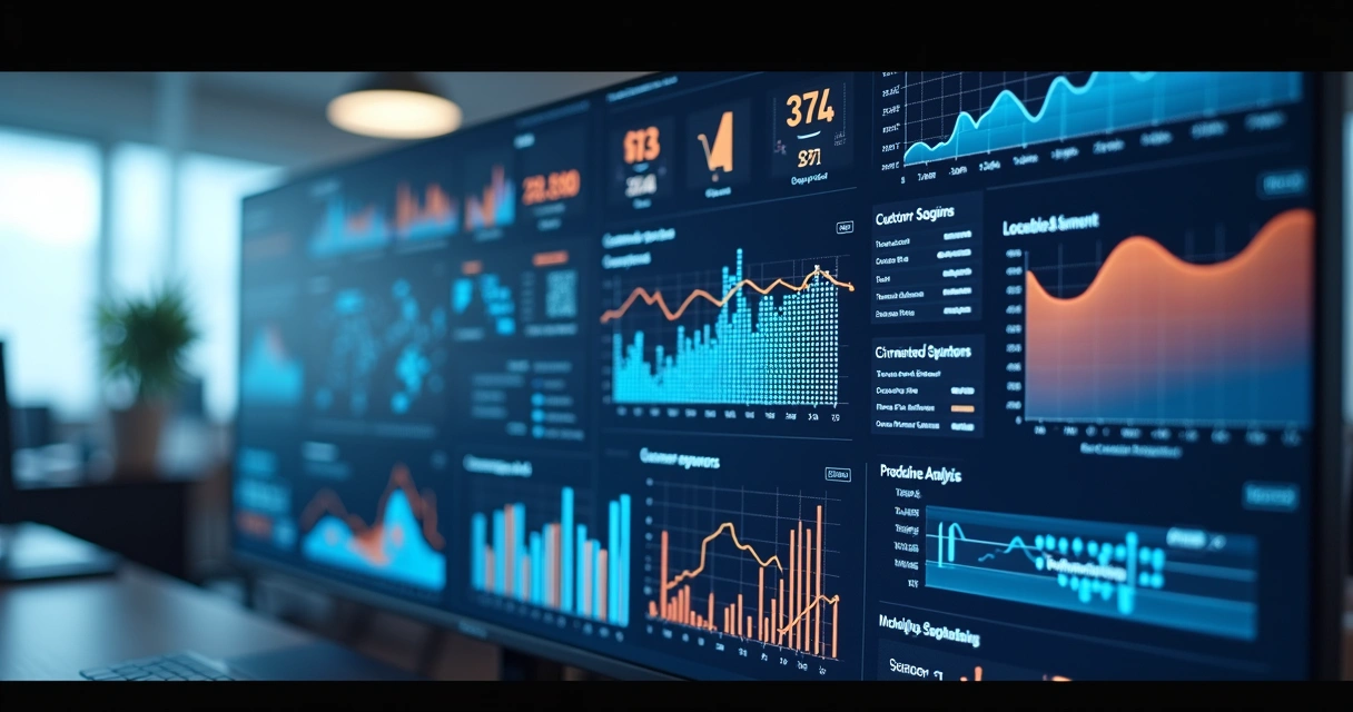 Painel digital apontando tendências e previsões empresariais com gráficos coloridos. 