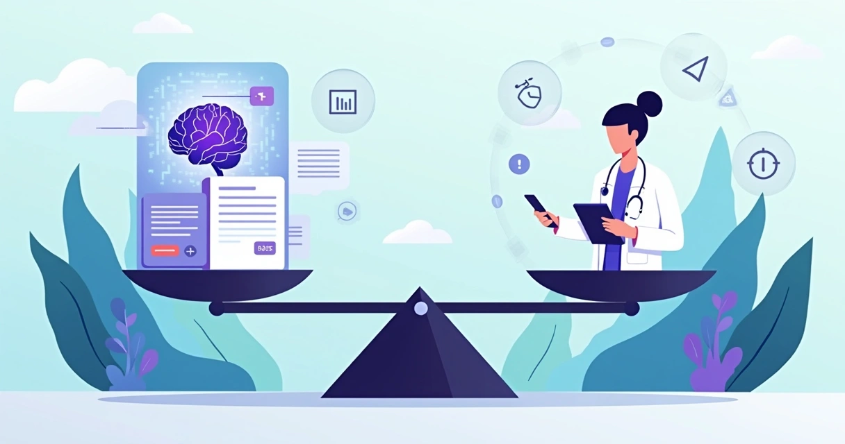 Balança ilustrando equilíbrio entre inteligência artificial médica e validação humana em 2026 