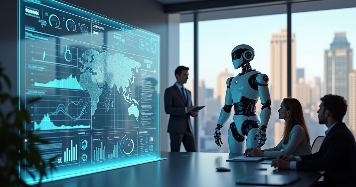 Robô digital interagindo com dados de negócios em tela holográfica 