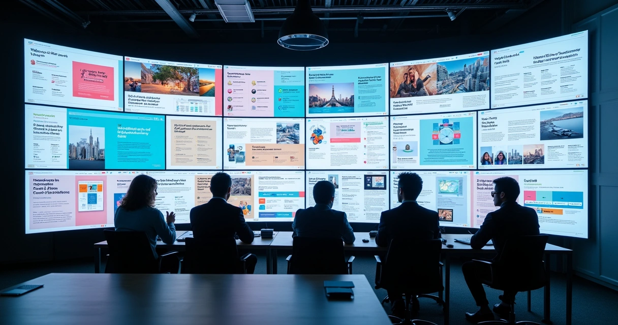 Painel digital com exemplos de campanhas criadas por IA 