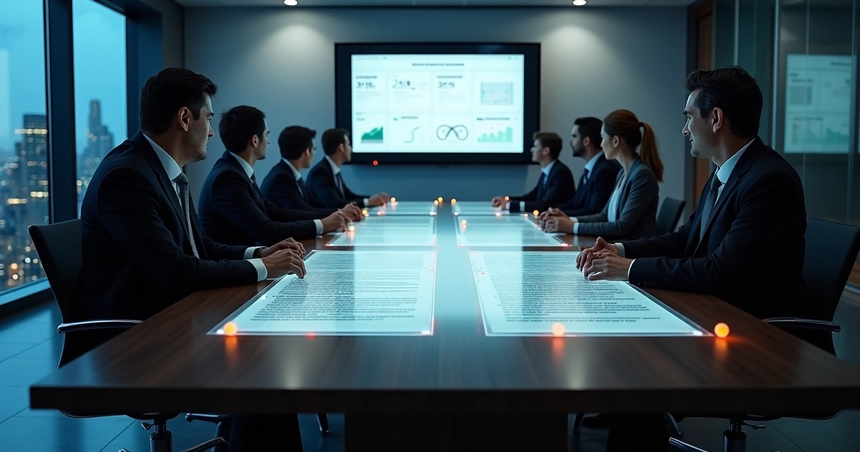 Sala de reunião moderna com painel digital exibindo contratos de locação sendo analisados por IA 