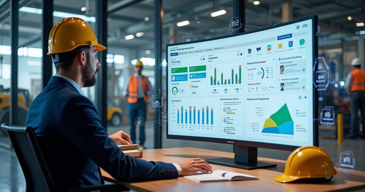 Profissional de SST usando painel digital com IA para gestão de segurança do trabalho 
