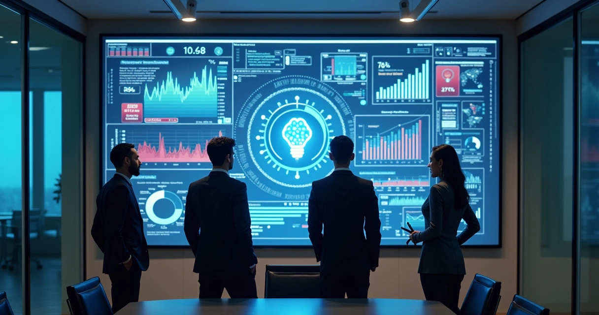 Executivos analisando gráficos de IA exibidos em tela grande 