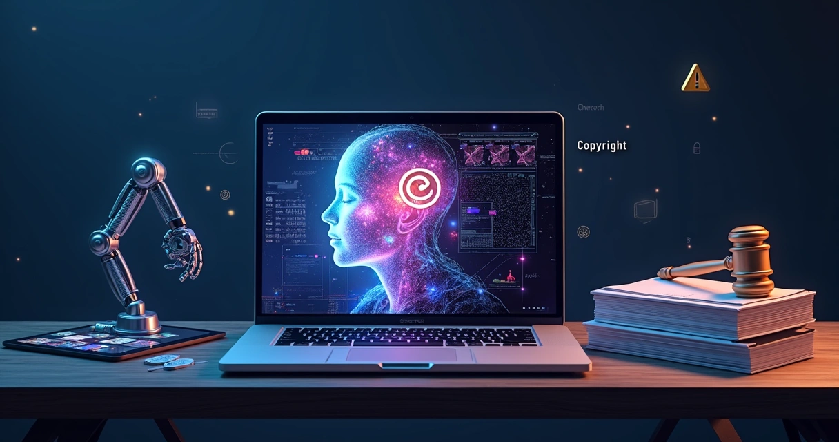Divisão visual entre criação de imagem por IA e símbolos de direitos autorais 
