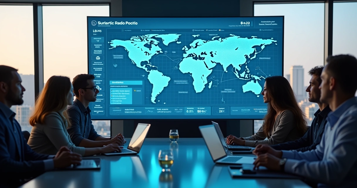 Painel com mapa do Brasil e dashboards de IA imobiliária em tela grande em uma sala de reunião moderna 