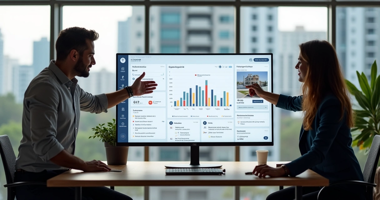 Dashboard de CRM imobiliário com chatbot de IA e corretores analisando leads 