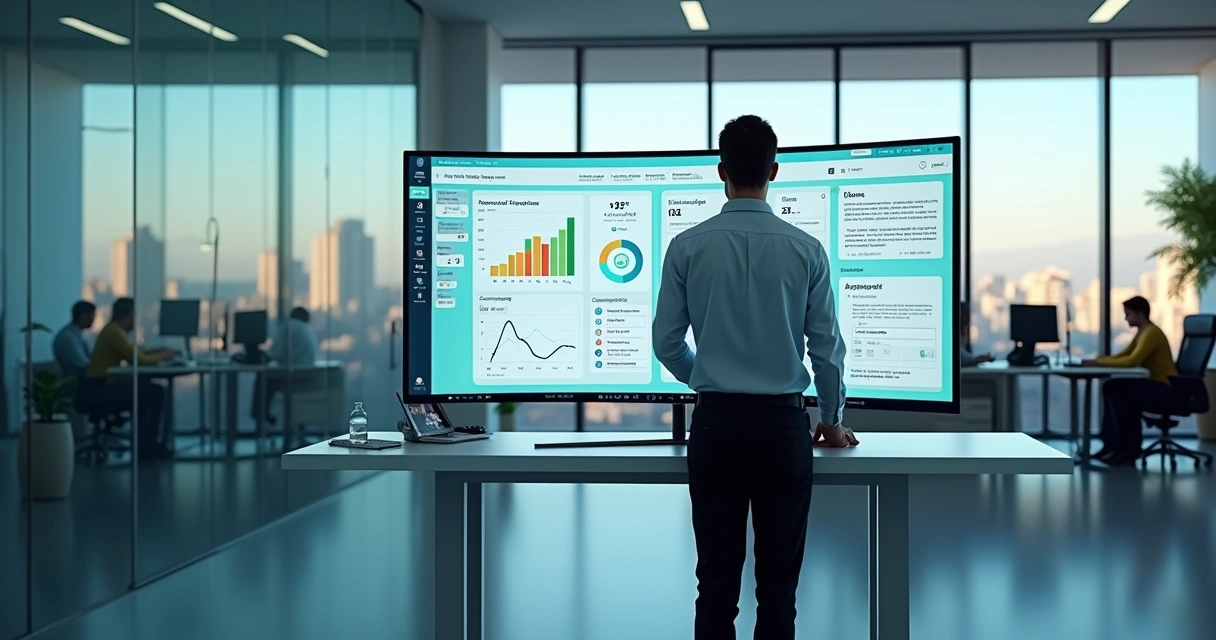 Gestor imobiliário analisando painel de CRM com chatbot de IA e funil de leads na tela 