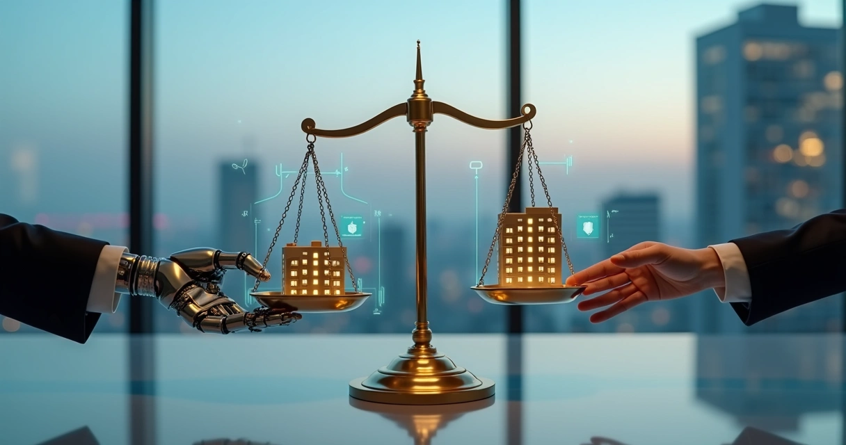 Mão robótica e mão humana segurando miniatura de prédio equilibrado em balança de justiça 