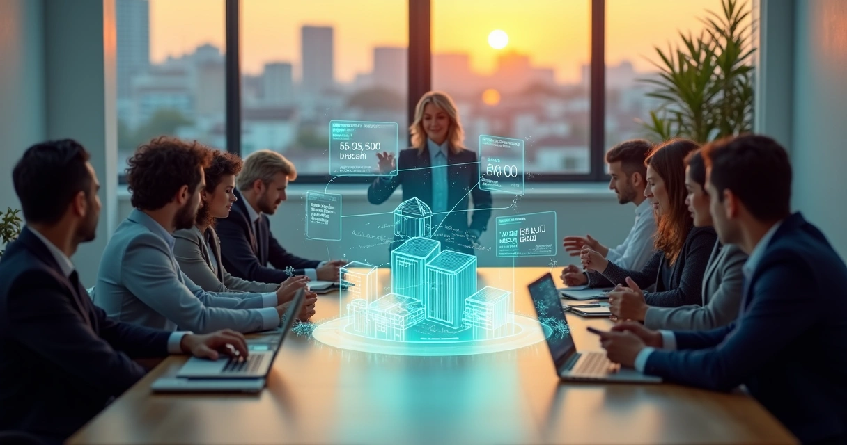 Equipe de imobiliária em reunião com painel digital de IA mostrando oportunidades de venda 