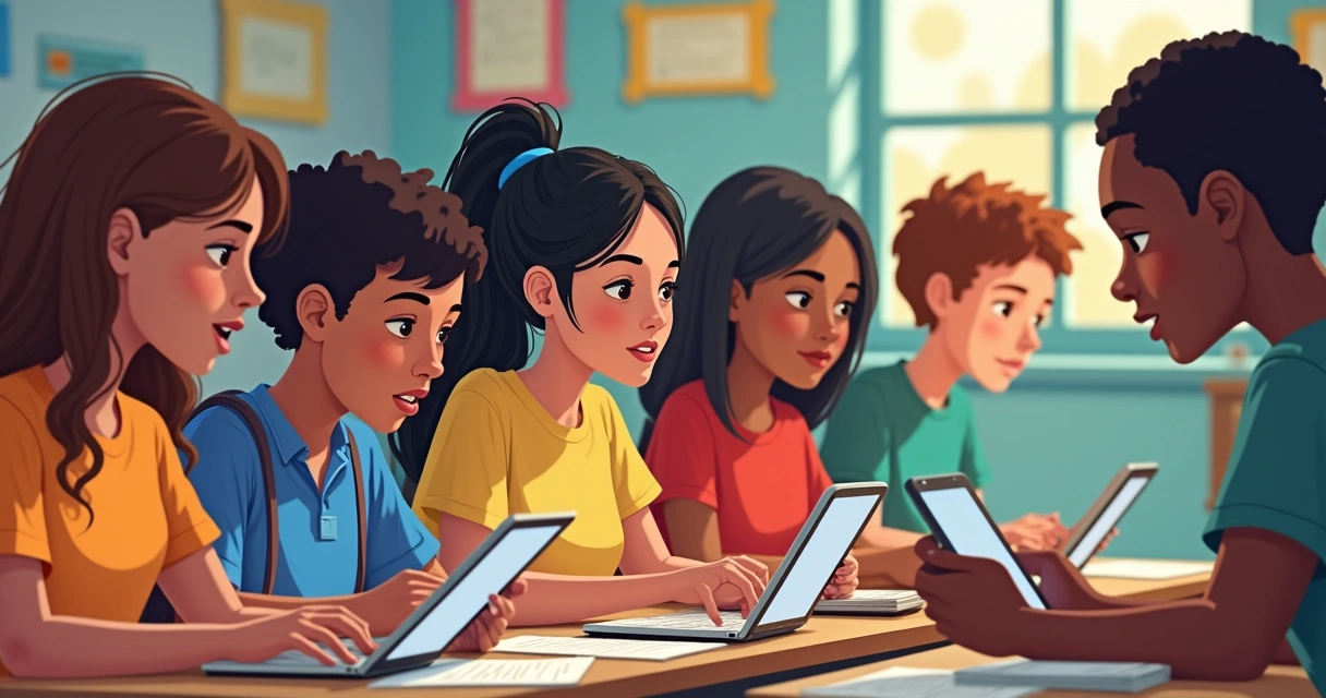 Alunos diversos usando tablets com sugestões personalizadas de estudo 