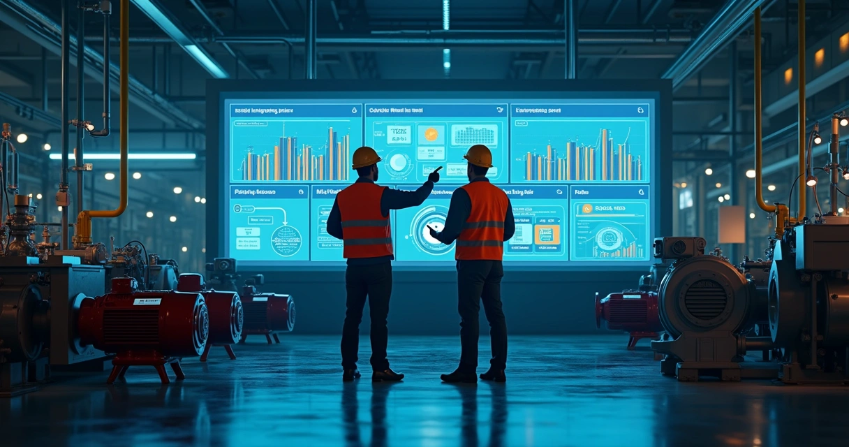 Plataforma de IA em tela grande em chão de fábrica industrial moderno 
