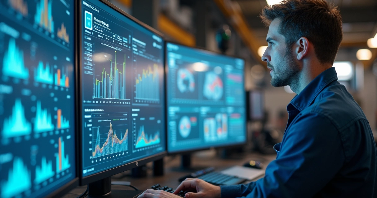 Engenheiro analisando gráficos em monitor de computador no ambiente industrial