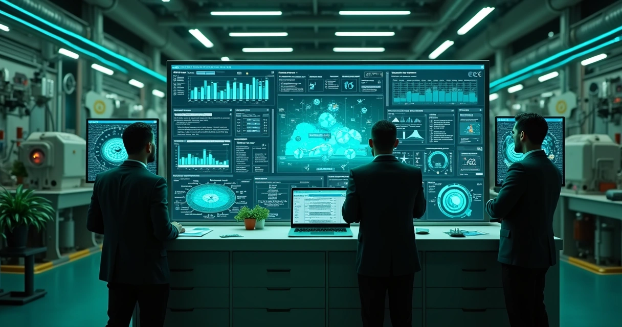 Plataforma digital de IA exibindo análise preditiva em tela em ambiente industrial 