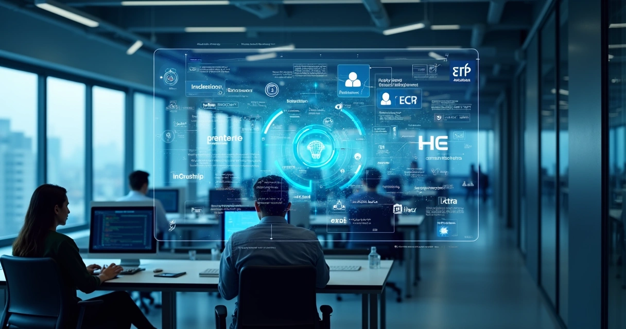 Ambiente empresarial com IA integrando dados de ERP e CRM 